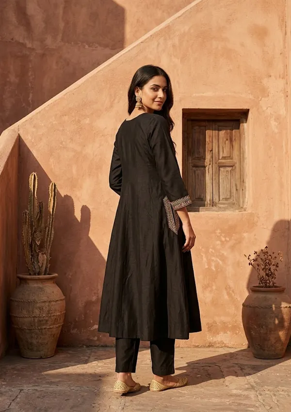 Black_Soft_Raw_Silk_Silver_Zariwork_Anarkali_Kurta_With_Pant_Regular_And_Dupatta