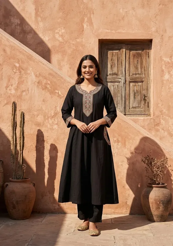 Black_Soft_Raw_Silk_Silver_Zariwork_Anarkali_Kurta_With_Pant_Regular_And_Dupatta