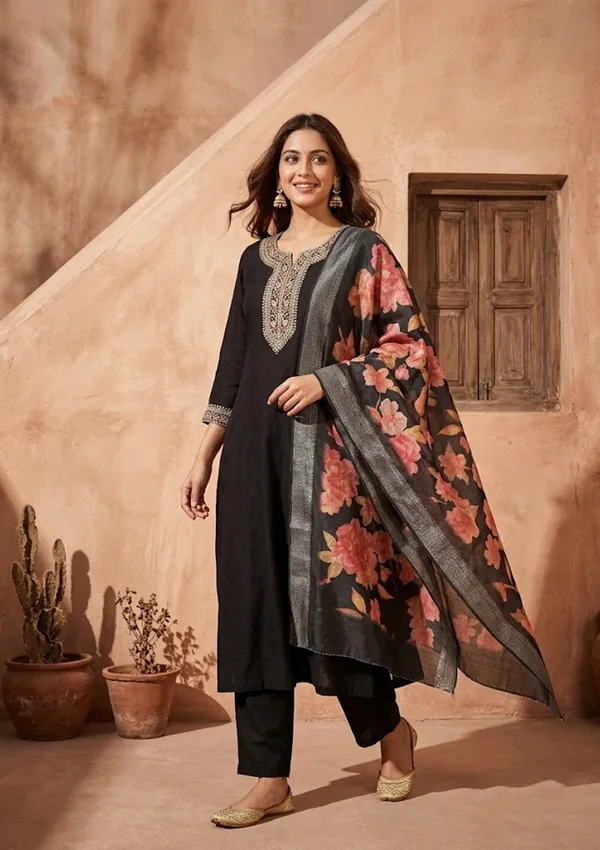 Black_Soft_Raw_Silk_Silver_Zariwork_Anarkali_Kurta_With_Pant_Regular_And_Dupatta