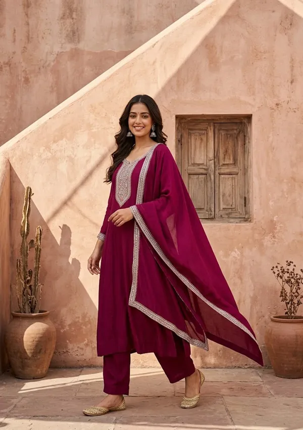 Wine_Soft_Raw_Silk_Gold_Zariwork_Anarkali_Kurta_With_Pant_Regular_And_Dupatta