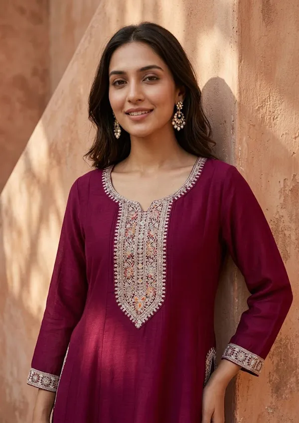 Wine_Soft_Raw_Silk_Gold_Zariwork_Anarkali_Kurta_With_Pant_Regular_And_Dupatta