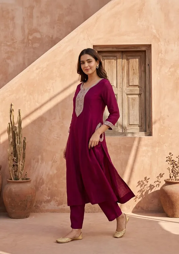 Wine_Soft_Raw_Silk_Gold_Zariwork_Anarkali_Kurta_With_Pant_Regular_And_Dupatta