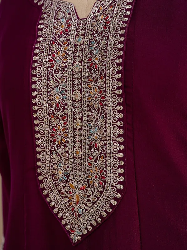 Wine_Soft_Raw_Silk_Gold_Zariwork_Anarkali_Kurta_With_Pant_Regular_And_Dupatta
