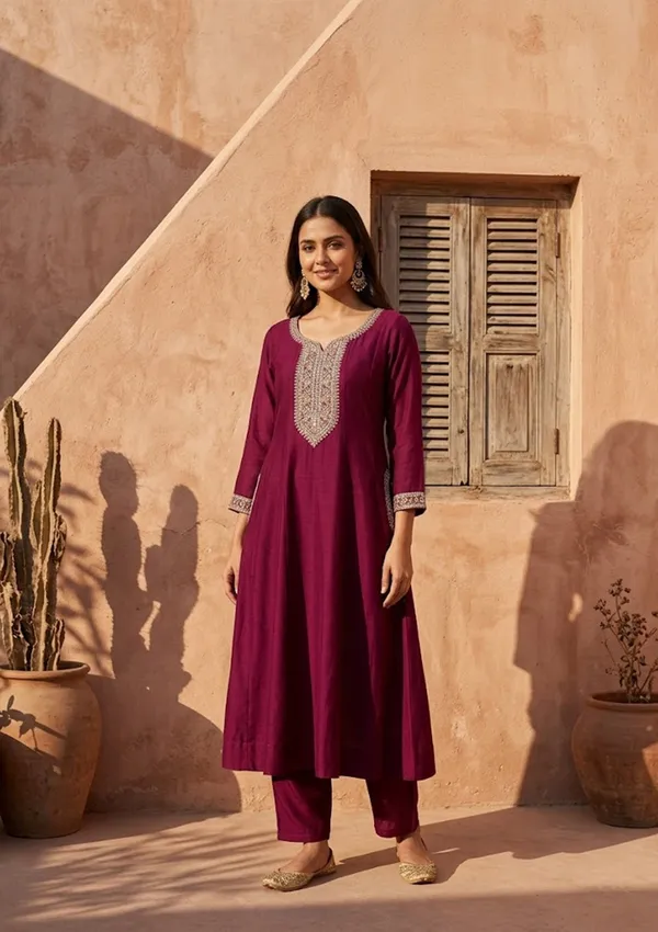 Wine_Soft_Raw_Silk_Gold_Zariwork_Anarkali_Kurta_With_Pant_Regular_And_Dupatta