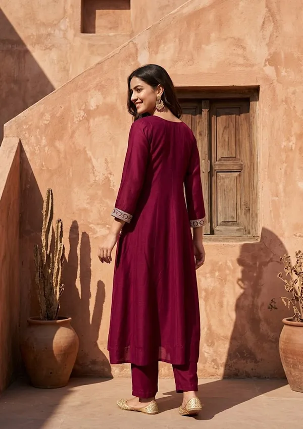 Wine_Soft_Raw_Silk_Gold_Zariwork_Anarkali_Kurta_With_Pant_Regular_And_Dupatta