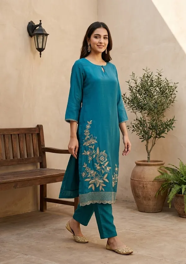 Peacock_Blue_Semi_Crepe_Threadwork_Straight_Kurta_With_Pant_Regular_And_Dupatta