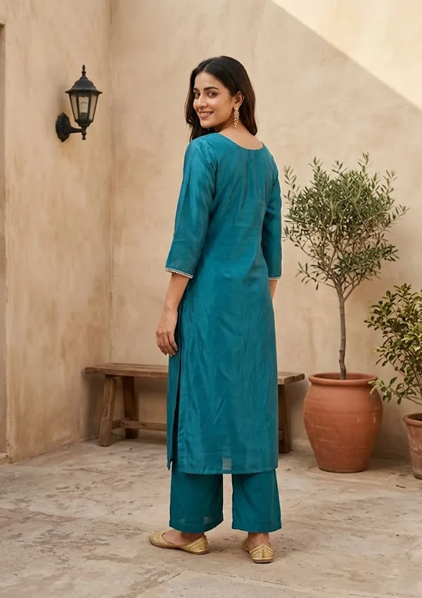 Peacock_Blue_Semi_Crepe_Threadwork_Straight_Kurta_With_Pant_Regular_And_Dupatta
