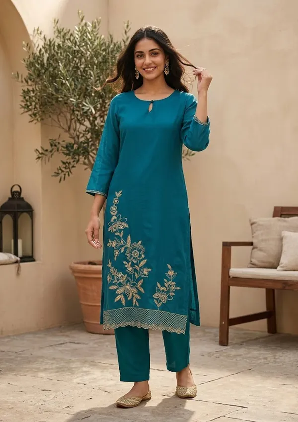 Peacock_Blue_Semi_Crepe_Threadwork_Straight_Kurta_With_Pant_Regular_And_Dupatta