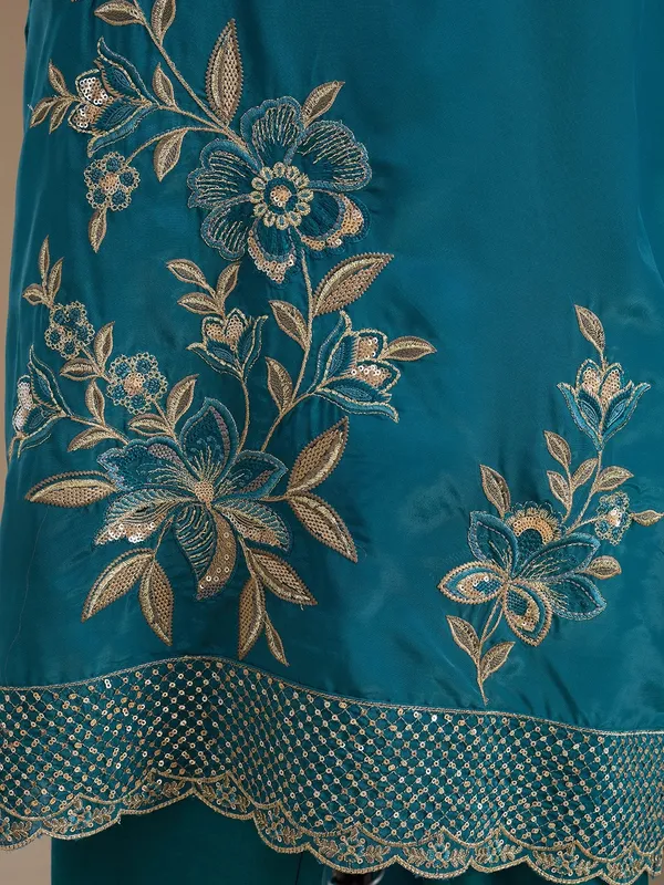 Peacock_Blue_Semi_Crepe_Threadwork_Straight_Kurta_With_Pant_Regular_And_Dupatta
