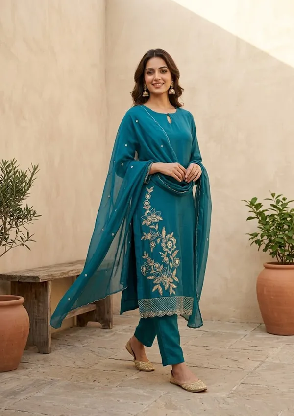 Peacock_Blue_Semi_Crepe_Threadwork_Straight_Kurta_With_Pant_Regular_And_Dupatta