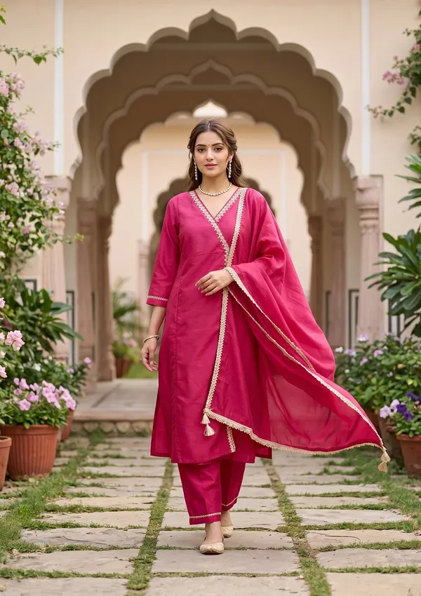 Magenta_Pink_Art_Silk_Cording_A_Line_Kurta_With_Pant_Regular_And_Dupatta