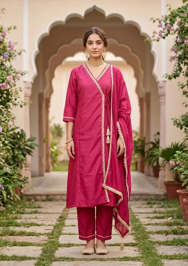 Magenta_Pink_Art_Silk_Cording_A_Line_Kurta_With_Pant_Regular_And_Dupatta