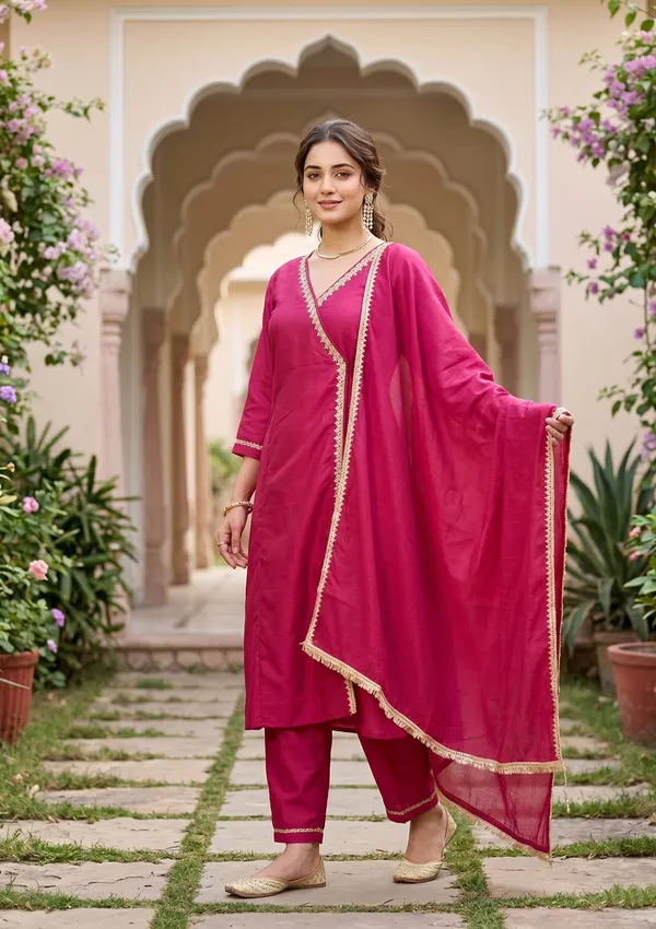 Magenta_Pink_Art_Silk_Cording_A_Line_Kurta_With_Pant_Regular_And_Dupatta