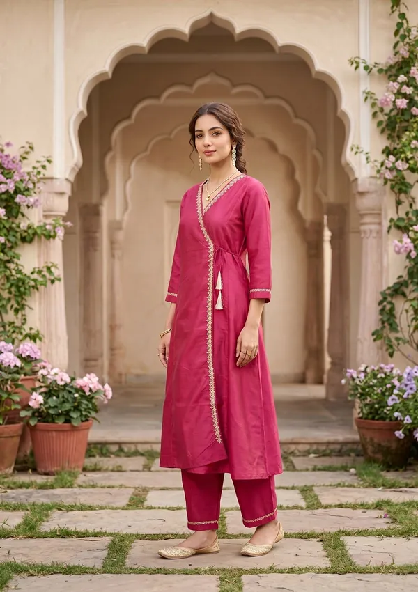 Magenta_Pink_Art_Silk_Cording_A_Line_Kurta_With_Pant_Regular_And_Dupatta