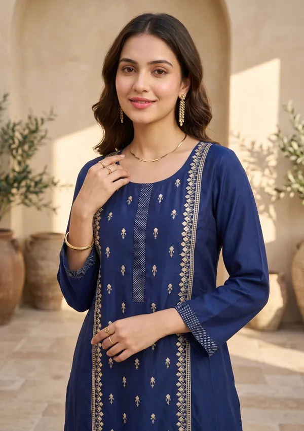Navy_Blue_Art_Silk_Threadwork_A_Line_Kurta_With_Pant_Regular_And_Dupatta