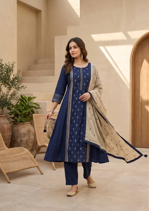 Navy_Blue_Art_Silk_Threadwork_A_Line_Kurta_With_Pant_Regular_And_Dupatta
