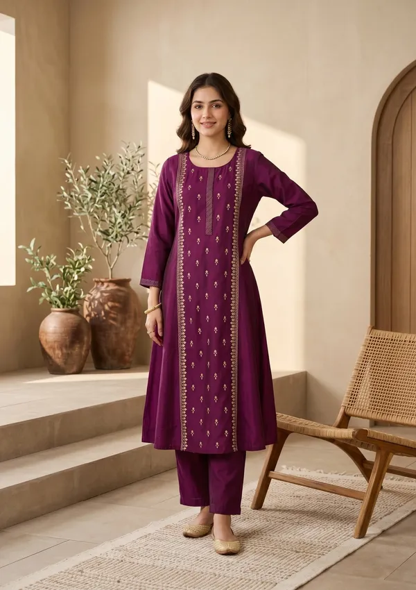 Wine_Art_Silk_Threadwork_A_Line_Kurta_With_Pant_Regular_And_Dupatta