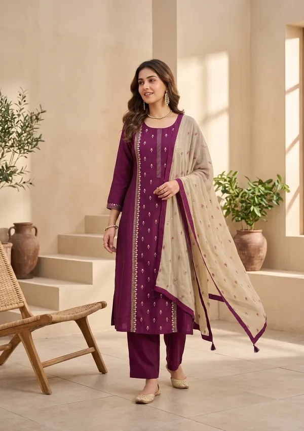 Wine_Art_Silk_Threadwork_A_Line_Kurta_With_Pant_Regular_And_Dupatta