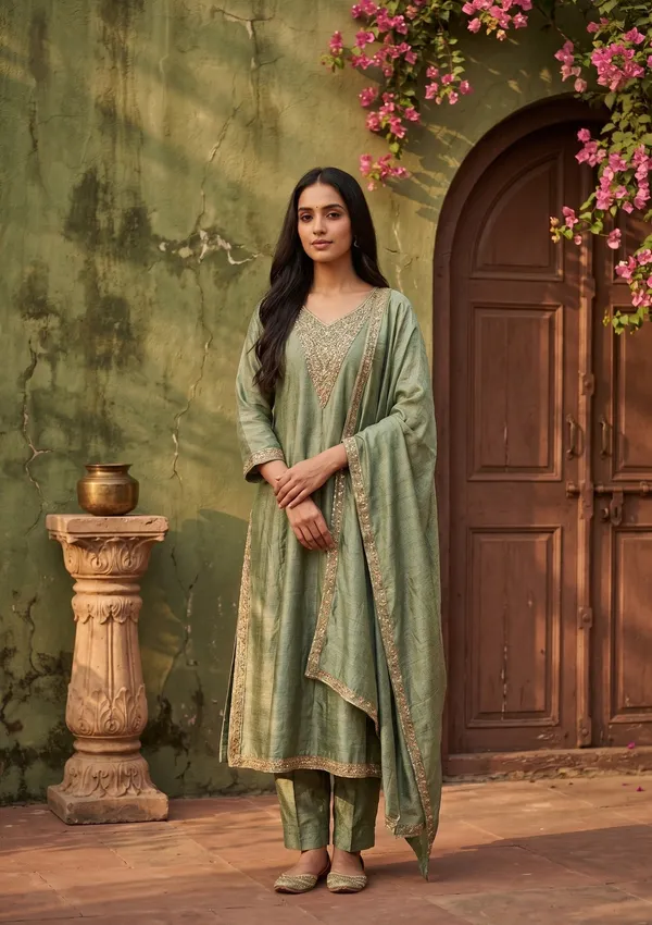 Green_Soft_Raw_Silk_Gold_Zariwork_Anarkali_Kurta_With_Pant_Regular_And_Dupatta