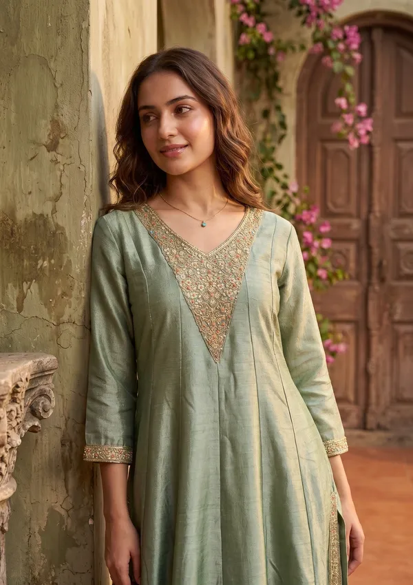 Green_Soft_Raw_Silk_Gold_Zariwork_Anarkali_Kurta_With_Pant_Regular_And_Dupatta