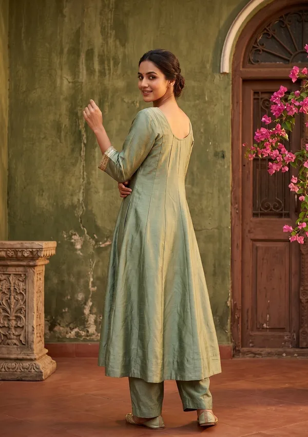 Green_Soft_Raw_Silk_Gold_Zariwork_Anarkali_Kurta_With_Pant_Regular_And_Dupatta