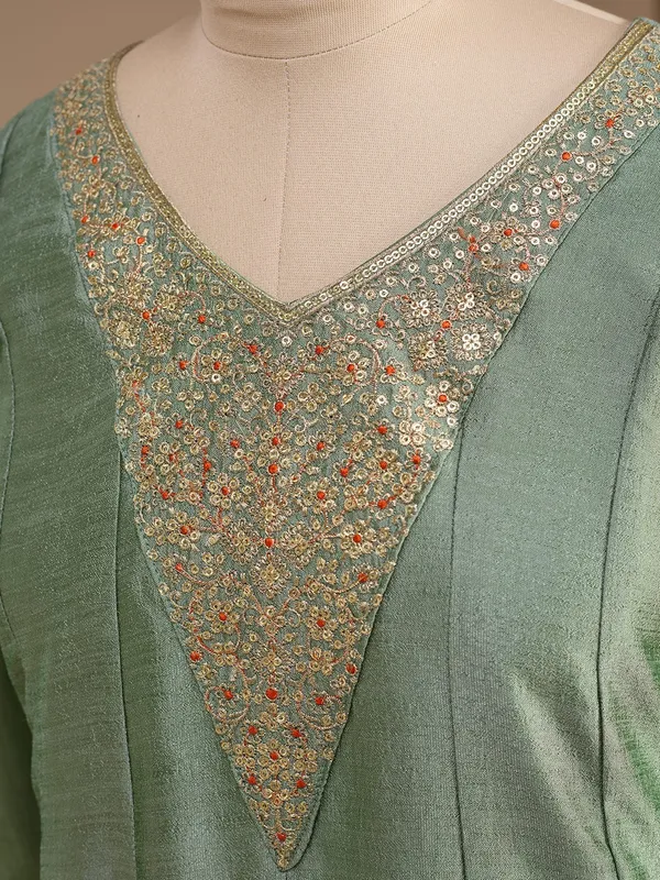 Green_Soft_Raw_Silk_Gold_Zariwork_Anarkali_Kurta_With_Pant_Regular_And_Dupatta