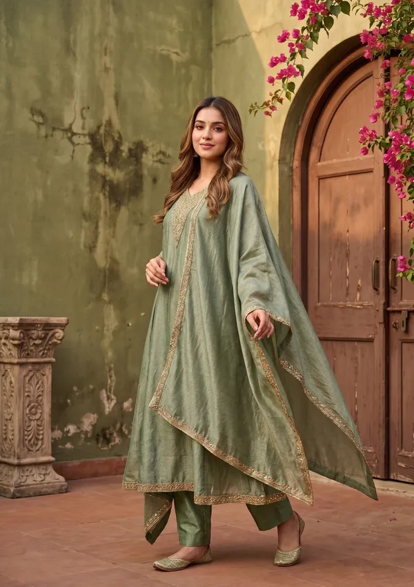Green_Soft_Raw_Silk_Gold_Zariwork_Anarkali_Kurta_With_Pant_Regular_And_Dupatta