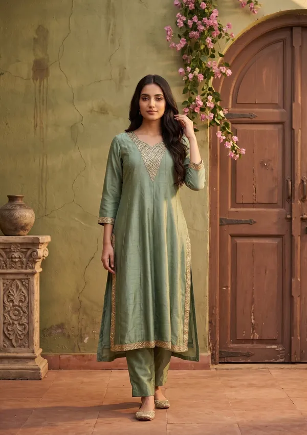 Green_Soft_Raw_Silk_Gold_Zariwork_Anarkali_Kurta_With_Pant_Regular_And_Dupatta