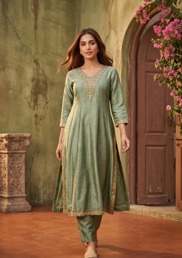 Green_Soft_Raw_Silk_Gold_Zariwork_Anarkali_Kurta_With_Pant_Regular_And_Dupatta