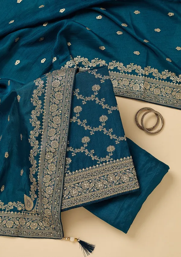 Peacock_Blue_Dola_Silk_Gold_Zariwork_Unstitched_Dress_Material_With_Matching_Bottom_And_Dupatta