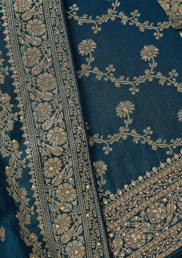 Peacock_Blue_Dola_Silk_Gold_Zariwork_Unstitched_Dress_Material_With_Matching_Bottom_And_Dupatta