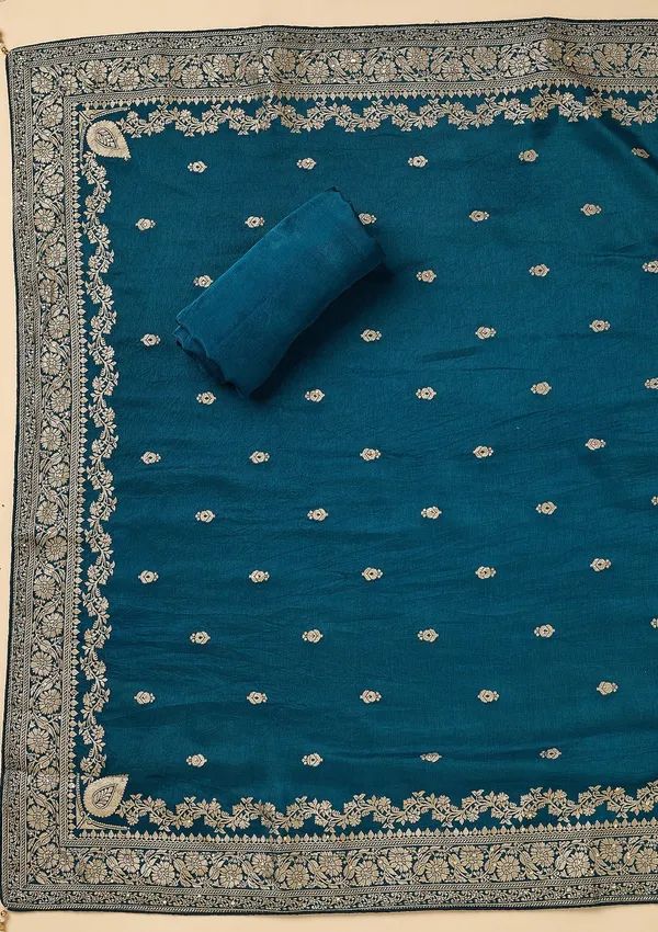 Peacock_Blue_Dola_Silk_Gold_Zariwork_Unstitched_Dress_Material_With_Matching_Bottom_And_Dupatta
