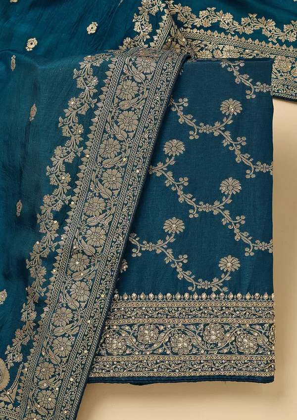Peacock_Blue_Dola_Silk_Gold_Zariwork_Unstitched_Dress_Material_With_Matching_Bottom_And_Dupatta