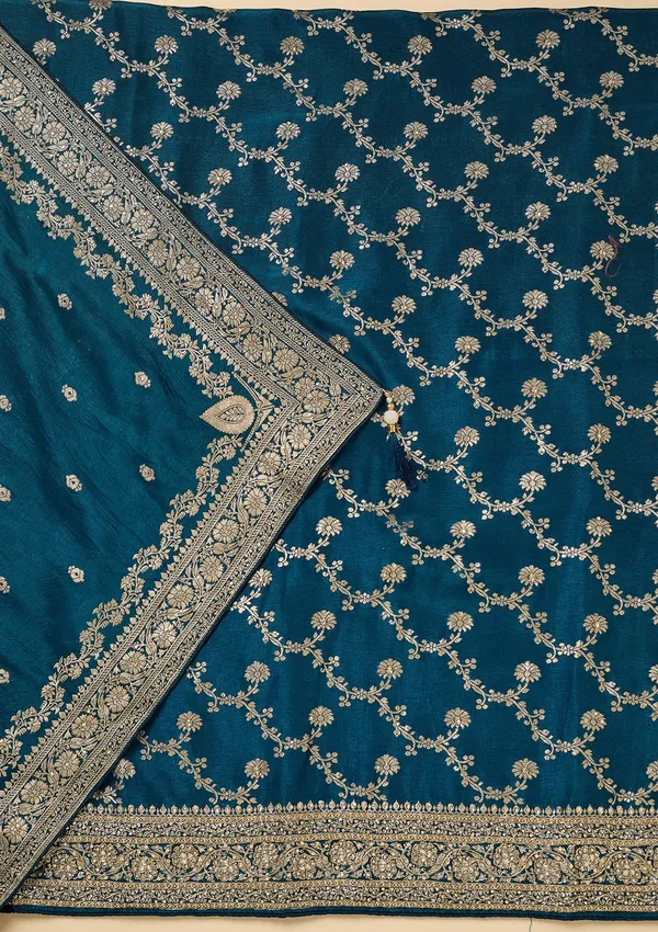 Peacock_Blue_Dola_Silk_Gold_Zariwork_Unstitched_Dress_Material_With_Matching_Bottom_And_Dupatta