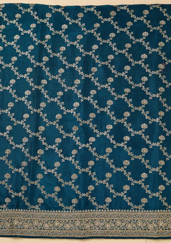 Peacock_Blue_Dola_Silk_Gold_Zariwork_Unstitched_Dress_Material_With_Matching_Bottom_And_Dupatta