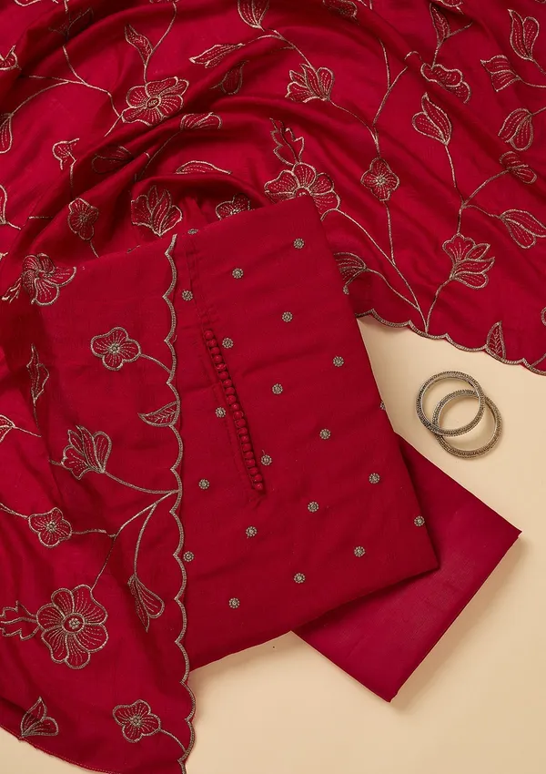 Rani_Pink_Soft_Raw_Silk_Gold_Zariwork_Unstitched_Dress_Material_With_Matching_Bottom_And_Dupatta