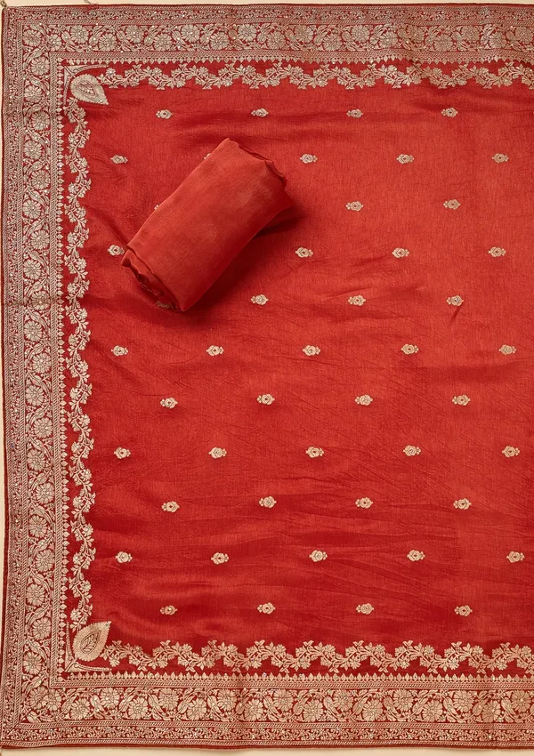 Rust_Dola_Silk_Gold_Zariwork_Unstitched_Dress_Material_With_Matching_Bottom_And_Dupatta