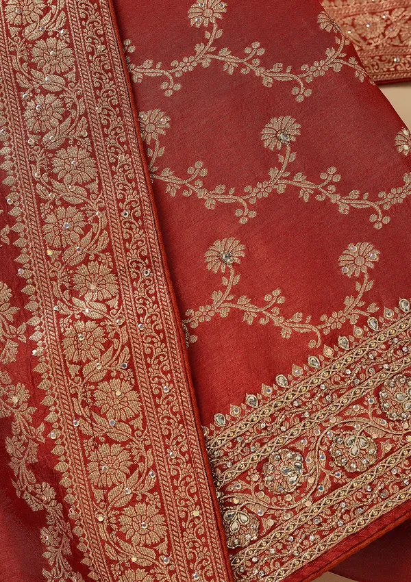 Rust_Dola_Silk_Gold_Zariwork_Unstitched_Dress_Material_With_Matching_Bottom_And_Dupatta