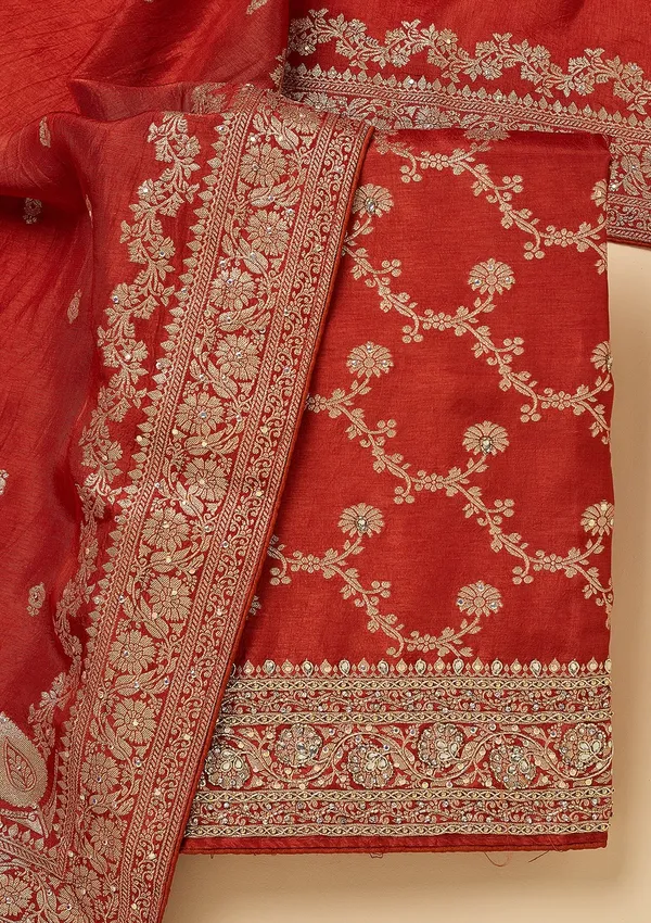 Rust_Dola_Silk_Gold_Zariwork_Unstitched_Dress_Material_With_Matching_Bottom_And_Dupatta