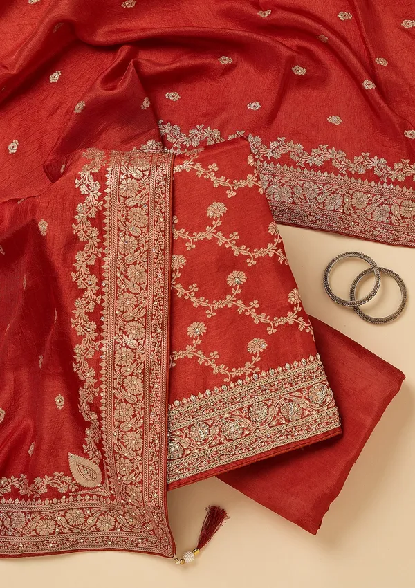 Rust_Dola_Silk_Gold_Zariwork_Unstitched_Dress_Material_With_Matching_Bottom_And_Dupatta