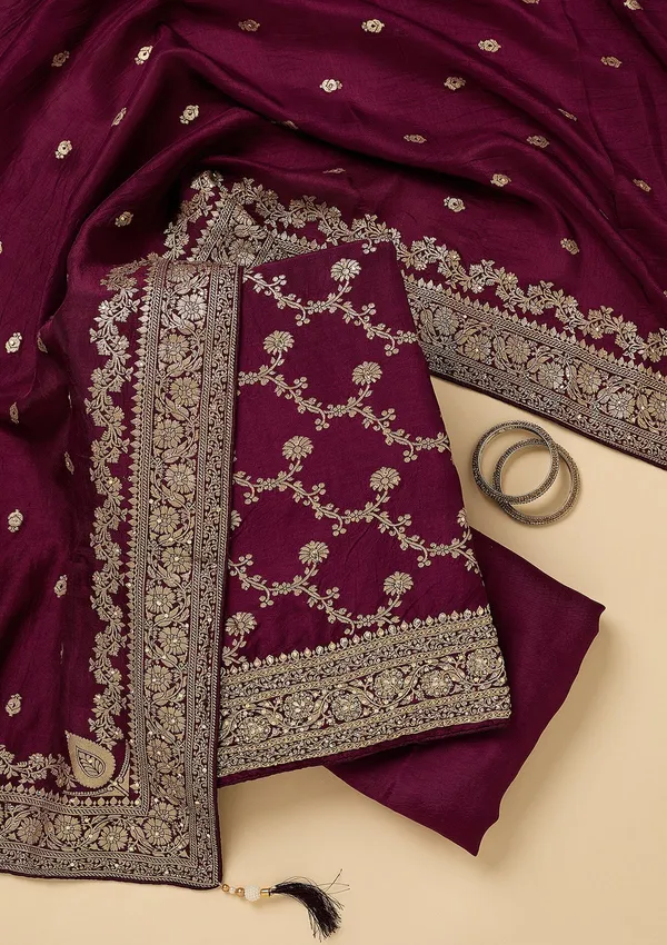 Wine_Dola_Silk_Gold_Zariwork_Unstitched_Dress_Material_With_Matching_Bottom_And_Dupatta