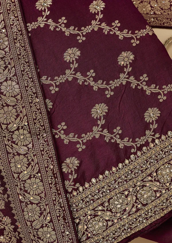 Wine_Dola_Silk_Gold_Zariwork_Unstitched_Dress_Material_With_Matching_Bottom_And_Dupatta