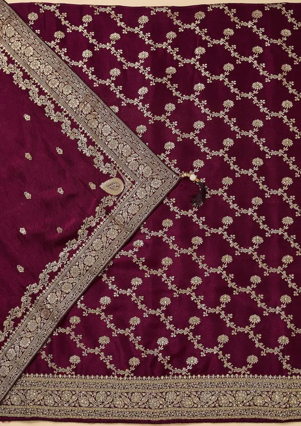 Wine_Dola_Silk_Gold_Zariwork_Unstitched_Dress_Material_With_Matching_Bottom_And_Dupatta