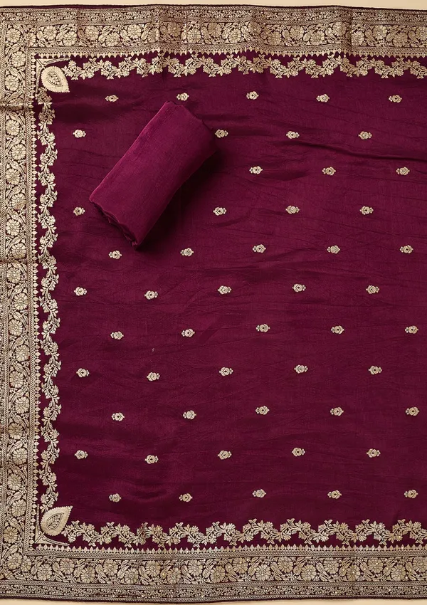 Wine_Dola_Silk_Gold_Zariwork_Unstitched_Dress_Material_With_Matching_Bottom_And_Dupatta