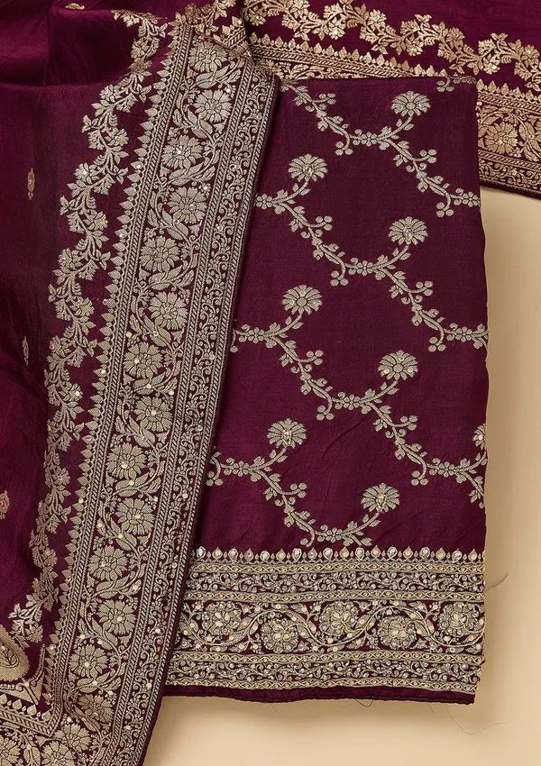 Wine_Dola_Silk_Gold_Zariwork_Unstitched_Dress_Material_With_Matching_Bottom_And_Dupatta