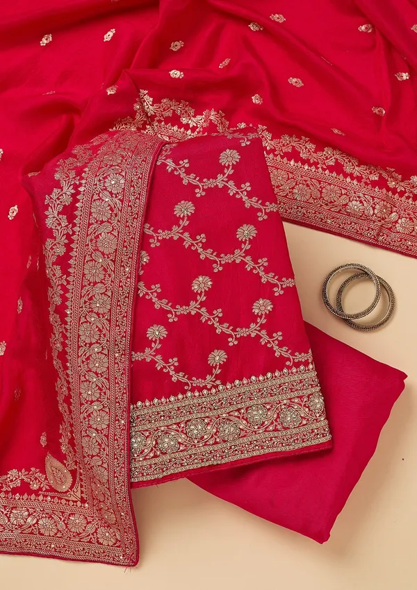 Rani_Pink_Dola_Silk_Gold_Zariwork_Unstitched_Dress_Material_With_Matching_Bottom_And_Dupatta