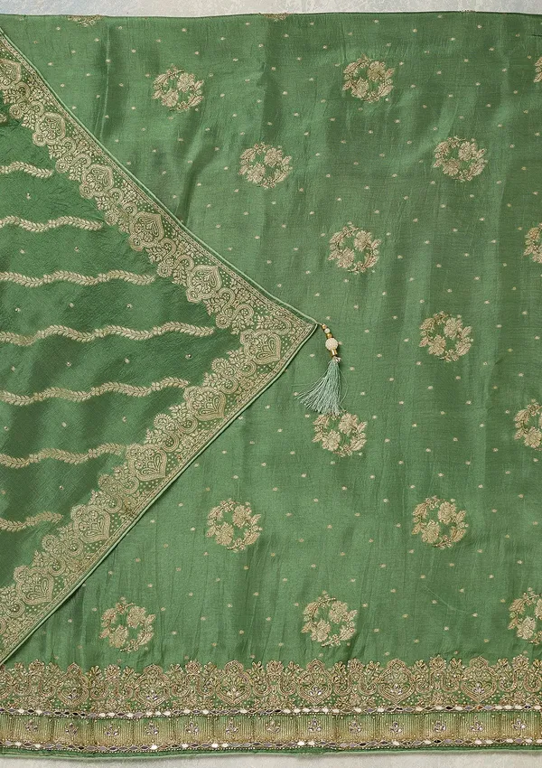 Pista_Green_Dola_Silk_Gold_Stonework_Unstitched_Dress_Material_With_Matching_Bottom_And_Dupatta