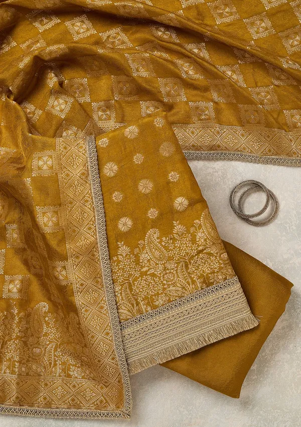 Mustard_Dola_Silk_Gold_Zariwork_Unstitched_Dress_Material_With_Matching_Bottom_And_Dupatta