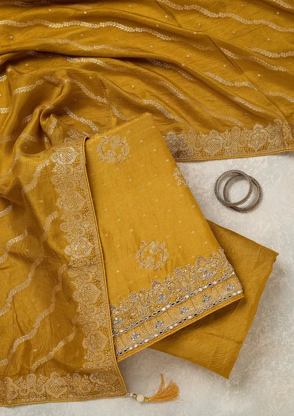 Mustard_Dola_Silk_Gold_Stonework_Unstitched_Dress_Material_With_Matching_Bottom_And_Dupatta