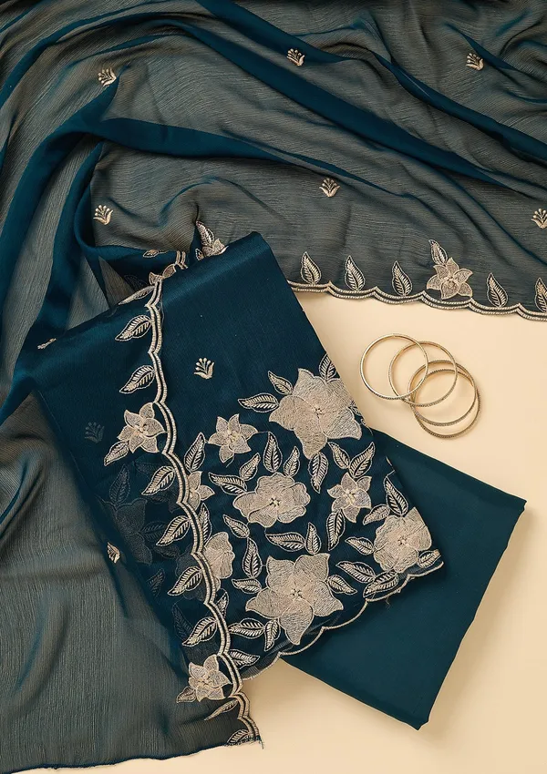 Peacock_Blue_Chinon_Threadwork_Unstitched_Dress_Material_With_Matching_Bottom_And_Dupatta